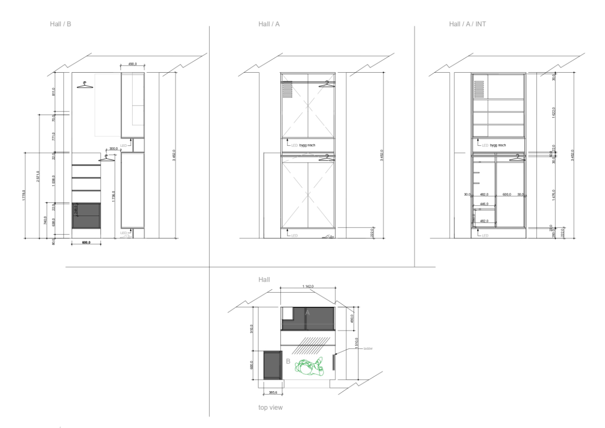 Måttanpassade och platsbyggda möbler i en hall – Ritning från ett av våra projekt.
